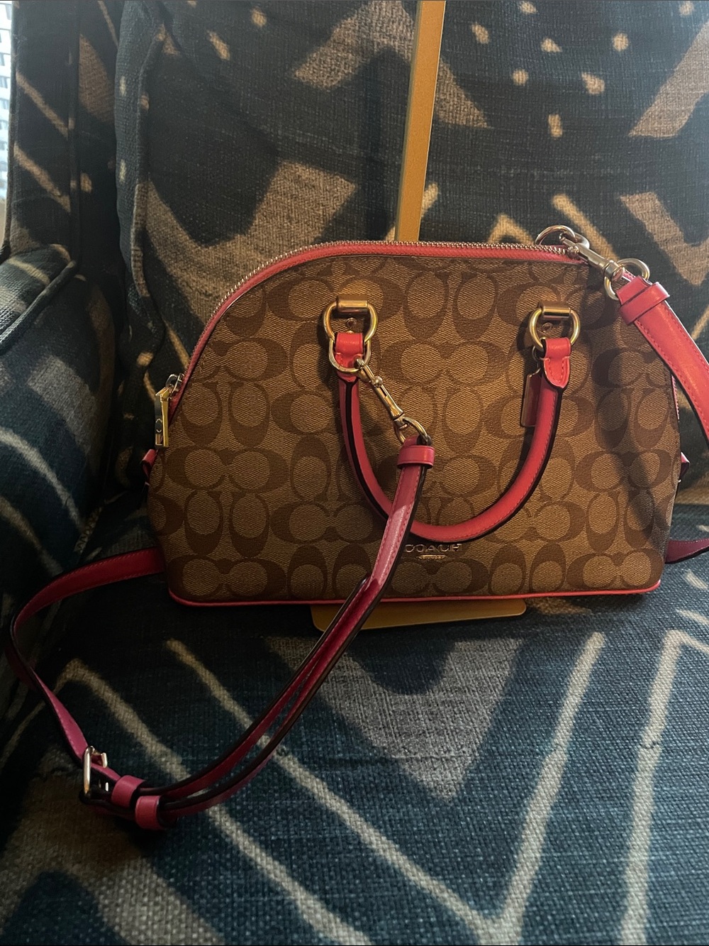 Coach Brown Signature Satchel with Pink Trim and Strap - Picture 3 of 11
